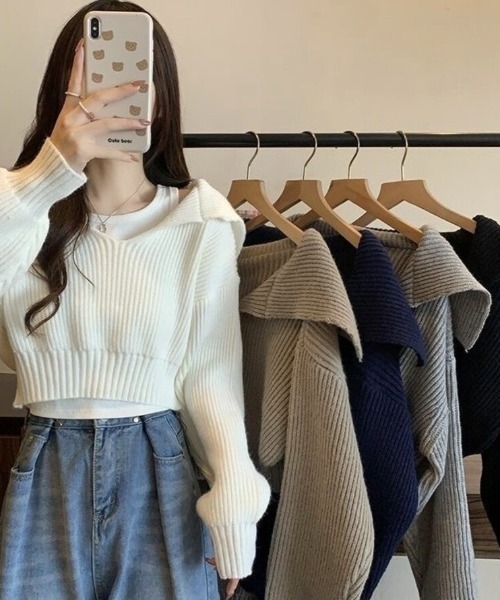 Beststore（ベストストア）の「レイヤード風 ニット トップス クロップド丈 セーラーカラー 重ね着風 ショート丈 リブニット（ニット/セーター・レディース・アイボリー/グレー/グレイッシュベージュ/ブラック・FREE）」の11枚目の写真