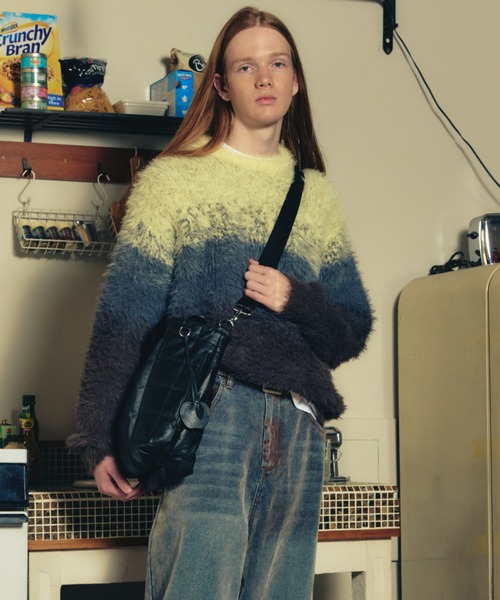 ADAM PATEK(アダムパテック)の「【ADAMPATEK/アダムパテック】 rough gradientborder crewneck グラデーションボーダーシャギークルーニット(ニット/セーター・レディース・グレー/グリーン/イエロー・1)」の1枚目の写真
