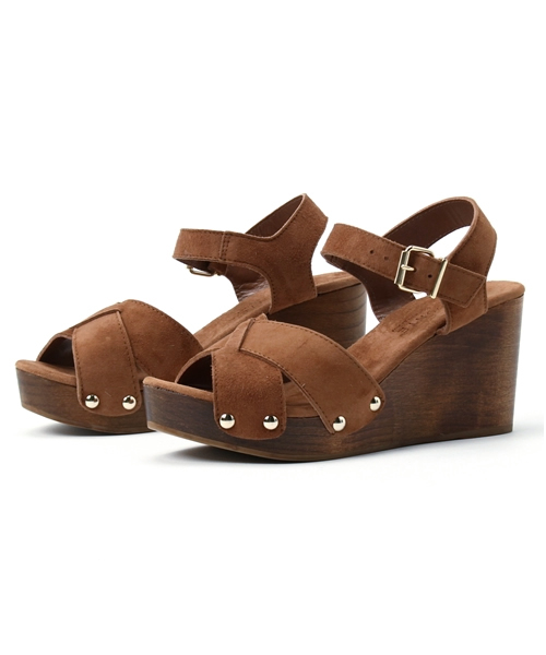 LE TALON（ルタロン）の「LAOCOONTE 8.5cmレザークロスウッドウエッジサンダル（サンダル・レディース・ブラック/キャメル・37/38/36/35）」の2枚目の写真