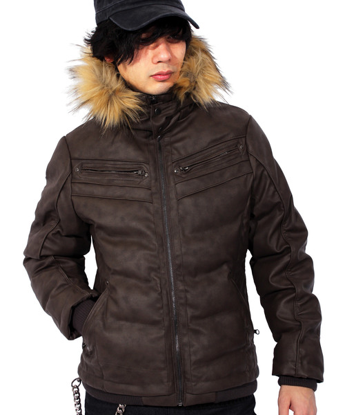 8(eight)(エイト)の「ファー付き 中綿 PUレザージャケット ブルゾン(ダウンジャケット/コート・メンズ・ブラック/キャメル/ブラウン・MEDIUM/X-LARGE/LARGE)」の1枚目の写真