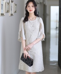 PourVous | スリーブレースワンピースドレス大きいサイズミニ丈&七分袖結婚式フォーマルオケージョンドレスお呼ばれ 二次会 成人式 同窓会 謝恩会 20代 30代(ドレス)