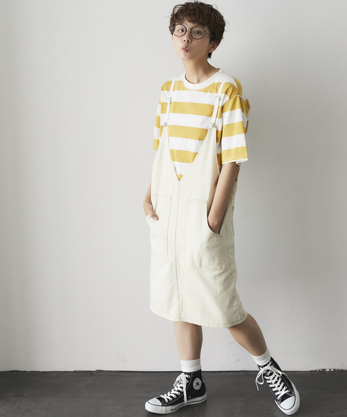 and R（アンドアール）の「ボーダーインナー×ジャンパースカート（ジャンパースカート・レディース・パープル/イエロー/グリーン・FREE）」の3枚目の写真