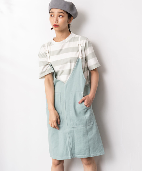 and R（アンドアール）の「ボーダーインナー×ジャンパースカート（ジャンパースカート・レディース・パープル/イエロー/グリーン・FREE）」の2枚目の写真