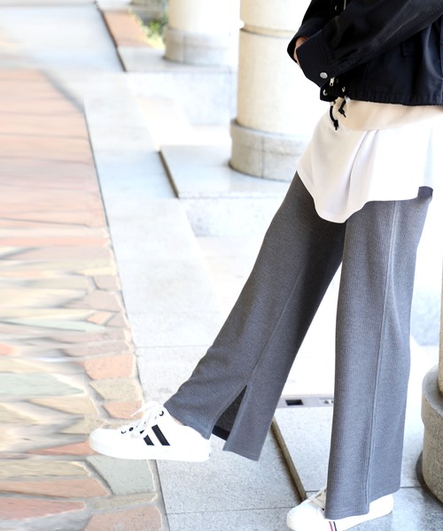 classicalelf(クラシカルエルフ)の「コットン無地ワッフルイージーパンツ 内スリット入り・ウエストゴム(フルレングス)(パンツ)」|チャコールグレー