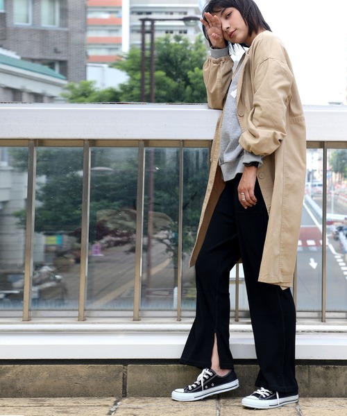 classicalelf(クラシカルエルフ)の「コットン無地ワッフルイージーパンツ 内スリット入り・ウエストゴム(フルレングス)(パンツ)」|ブラック