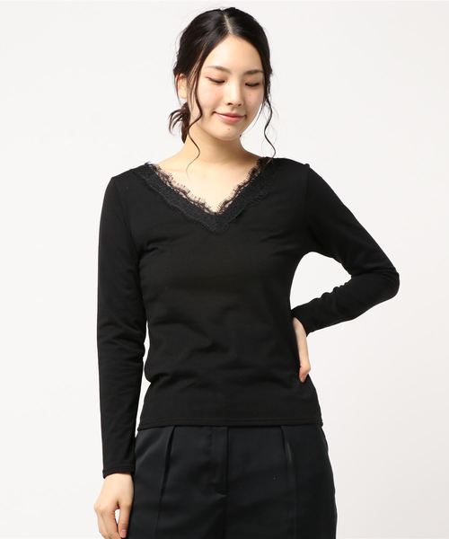 AMERICAN HOLIC（アメリカンホリック）の「・あったかVネックレースプルオーバー＊（Tシャツ/カットソー・レディース・ブラック/モカ/グレー系その他2・M/L）」の2枚目の写真