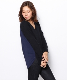 アンゴラ混バックタック入切替Vネックニット