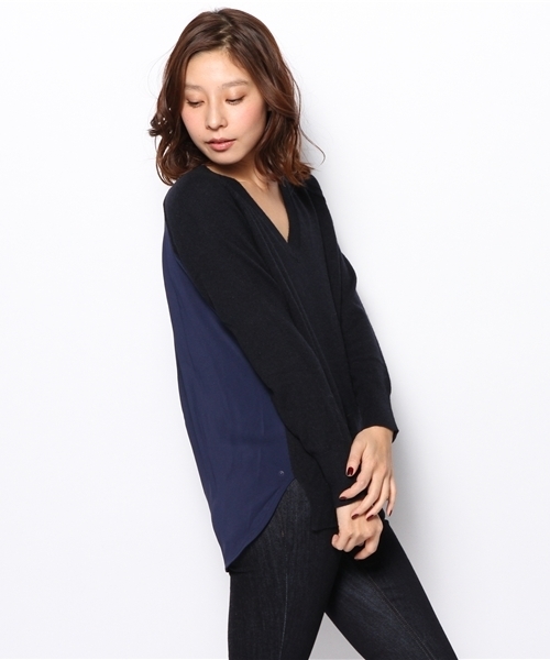 PLST（プラステ）の「アンゴラ混バックタック入切替Vネックニット（ニット/セーター・レディース・スカイブルー/ネイビー/ヘザーグレー/オレンジ・2）」の3枚目の写真