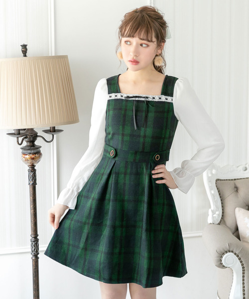 夢展望 ワンピース レース襟チェックリボンレースアップワンピース SALEアイドルレースリボンワンピース レディース