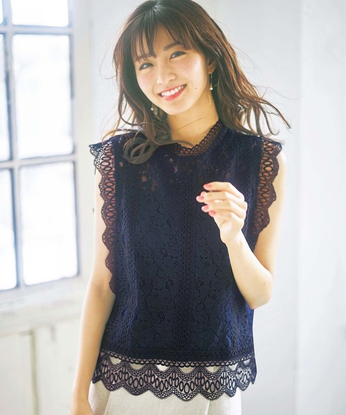 GeeRA（ジーラ）の「総レースノースリブラウス（シャツ/ブラウス・レディース・モカ/ネイビー/オフホワイト/ブラック・MEDIUM/X-LARGE/LARGE/XX-LARGE）」の4枚目の写真