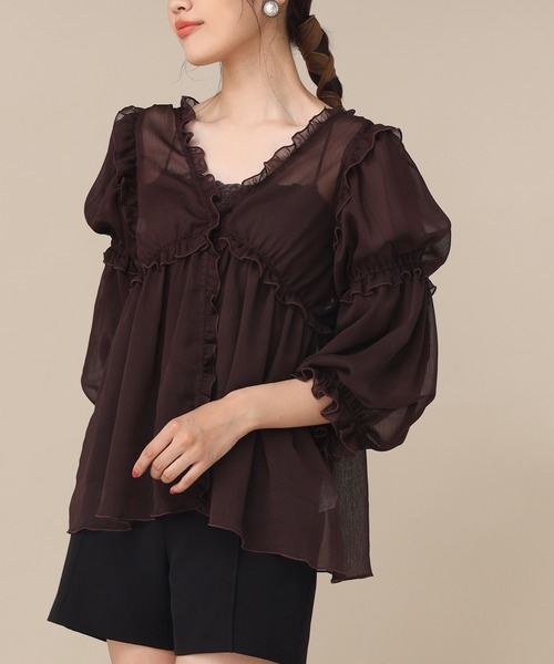 one after another NICE CLAUP(ワンアフターアナザーナイスクラップ)の「シアーフリル羽織(シャツ/ブラウス・レディース・ベージュ/ブラウン/オフホワイト・FREE)」の3枚目の写真