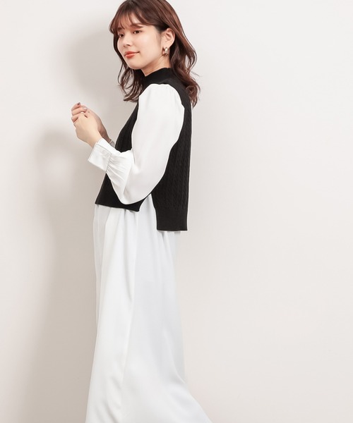 natural couture（ナチュラルクチュール）の「配色ステッチワンピース+ノースリニットベストセット（ワンピース・レディース・アイボリー/ブラック/ライトベージュ・FREE）」の14枚目の写真