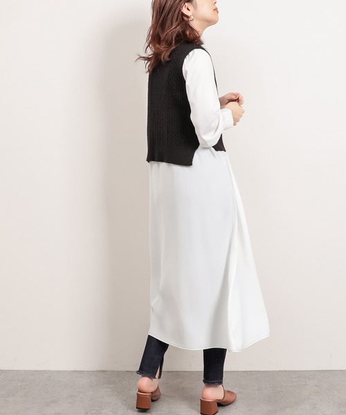 natural couture（ナチュラルクチュール）の「配色ステッチワンピース+ノースリニットベストセット（ワンピース・レディース・アイボリー/ブラック/ライトベージュ・FREE）」の15枚目の写真