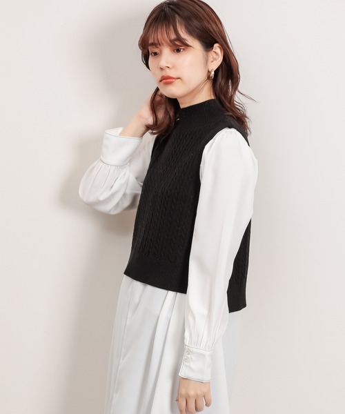 natural couture（ナチュラルクチュール）の「配色ステッチワンピース+ノースリニットベストセット（ワンピース・レディース・アイボリー/ブラック/ライトベージュ・FREE）」の13枚目の写真