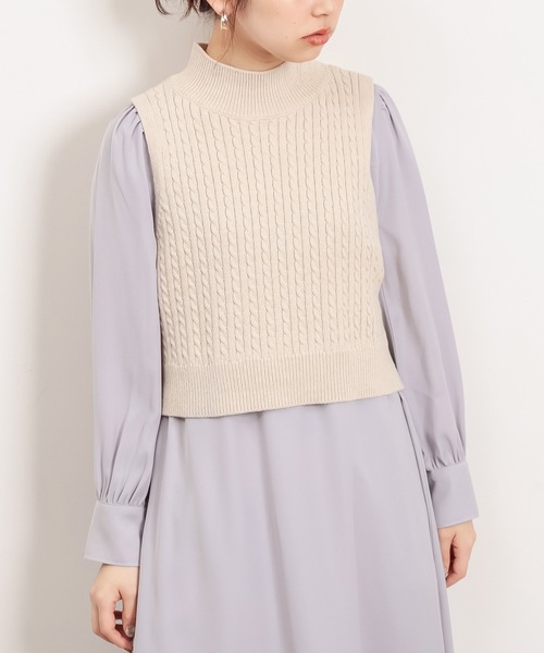 natural couture（ナチュラルクチュール）の「配色ステッチワンピース+ノースリニットベストセット（ワンピース・レディース・アイボリー/ブラック/ライトベージュ・FREE）」の22枚目の写真