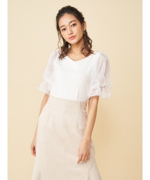 ROYAL PARTY（ロイヤルパーティー）の「袖チュールトップス（Tシャツ/カットソー・レディース・ブラック/オフホワイト/ピンク・FREE）」の2枚目の写真