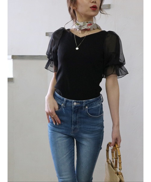 ROYAL PARTY（ロイヤルパーティー）の「袖チュールトップス（Tシャツ/カットソー・レディース・ブラック/オフホワイト/ピンク・FREE）」の3枚目の写真