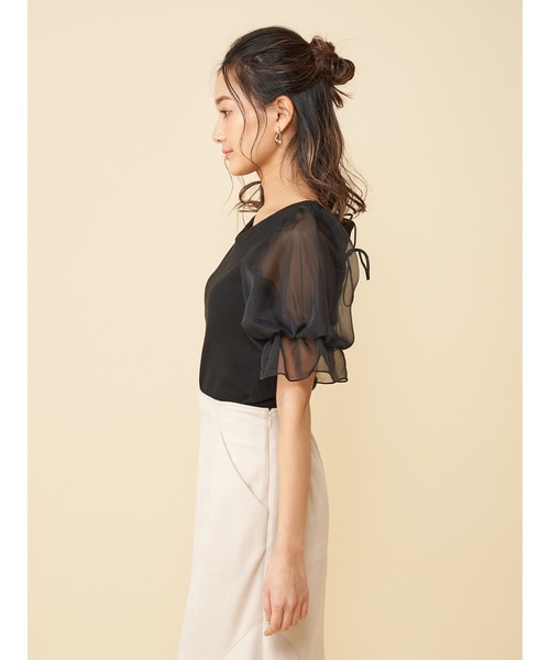 ROYAL PARTY（ロイヤルパーティー）の「袖チュールトップス（Tシャツ/カットソー・レディース・ブラック/オフホワイト/ピンク・FREE）」の4枚目の写真