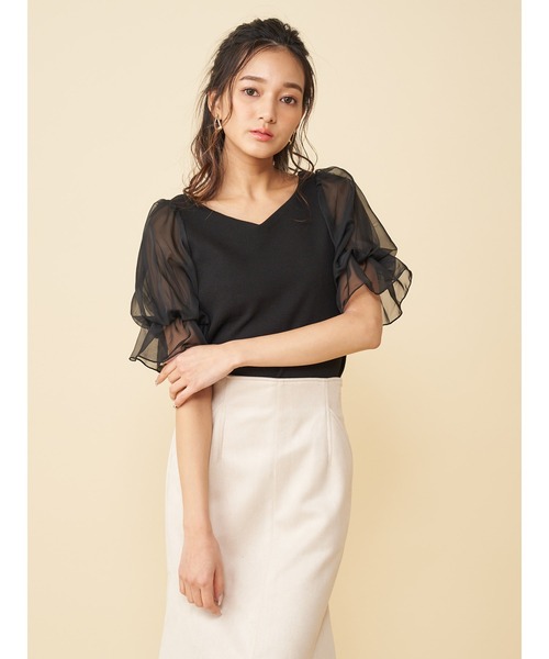 ROYAL PARTY（ロイヤルパーティー）の「袖チュールトップス（Tシャツ/カットソー・レディース・ブラック/オフホワイト/ピンク・FREE）」の5枚目の写真