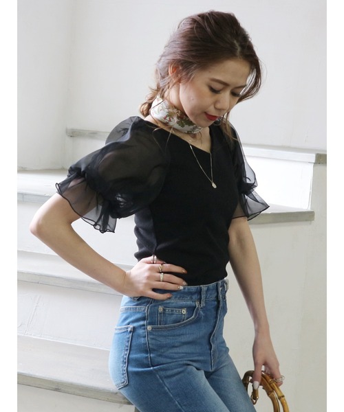 ROYAL PARTY（ロイヤルパーティー）の「袖チュールトップス（Tシャツ/カットソー・レディース・ブラック/オフホワイト/ピンク・FREE）」の9枚目の写真