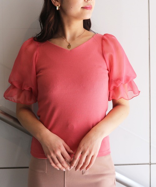 ROYAL PARTY（ロイヤルパーティー）の「袖チュールトップス（Tシャツ/カットソー・レディース・ブラック/オフホワイト/ピンク・FREE）」の20枚目の写真