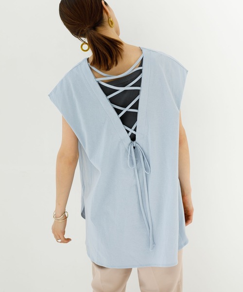 koe（コエ）の「バックレースアップフレンチスリーブＴ＊（Tシャツ/カットソー・レディース・サックスブルー/チャコールグレー/ベージュ・FREE）」の3枚目の写真