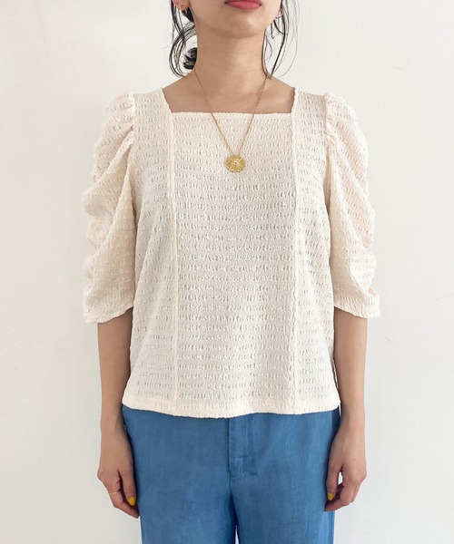 MADEMOISELLE ROPE'（マドモアゼル ロペ）の「【前後2WAY】パフスリーブシャーリングプルオーバー（Tシャツ/カットソー・レディース・ブラック/キナリ/ブラウン・38）」の6枚目の写真