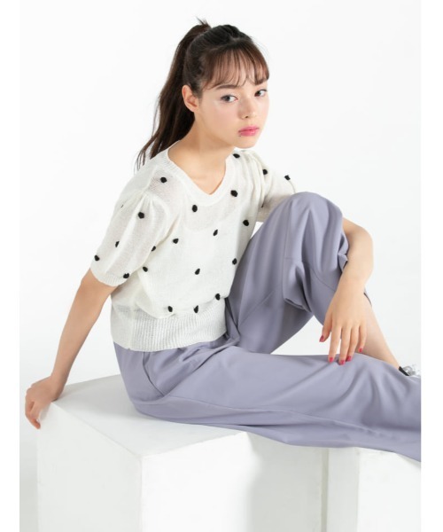 fifth calin（フィフスカラン）の「ポンポンクルーネックサマーニット（Tシャツ/カットソー・レディース・ホワイト/ブルー/グリーン・MEDIUM）」の2枚目の写真