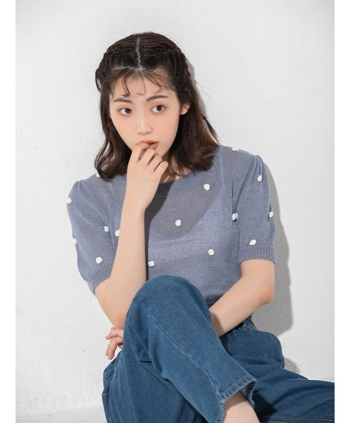 fifth calin（フィフスカラン）の「ポンポンクルーネックサマーニット（Tシャツ/カットソー・レディース・ホワイト/ブルー/グリーン・MEDIUM）」の3枚目の写真