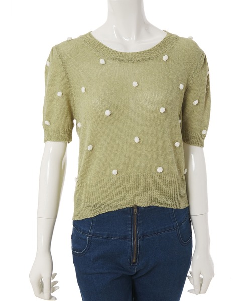 fifth calin（フィフスカラン）の「ポンポンクルーネックサマーニット（Tシャツ/カットソー・レディース・ホワイト/ブルー/グリーン・MEDIUM）」の6枚目の写真