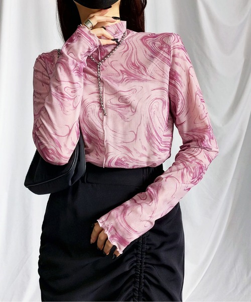 me+em select(ミームセレクト)の「※※【選べる3サイズ/8色展開】総柄マーブルシアーハイネックメロートップス【 好評につき新色追加! 】(Tシャツ/カットソー・レディース・オレンジ/グレー/ミント/グリーン/モカ/ピンク/ブラック/ブルー・MEDIUM/SMALL/LARGE)」の7枚目の写真