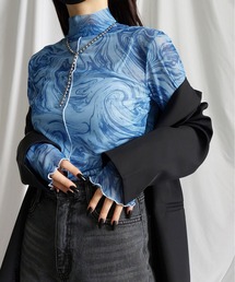 me+em select | 【選べる２サイズ／８色展開】総柄マーブルシアーハイネックメロートップス【 好評につき新色追加！ 】(Tシャツ/カットソー)