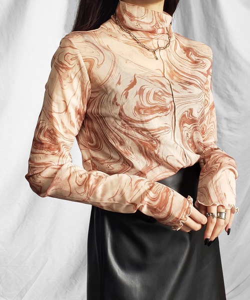 me+em select(ミームセレクト)の「※※【選べる3サイズ/8色展開】総柄マーブルシアーハイネックメロートップス【 好評につき新色追加! 】(Tシャツ/カットソー・レディース・オレンジ/グレー/ミント/グリーン/モカ/ピンク/ブラック/ブルー・MEDIUM/SMALL/LARGE)」の11枚目の写真