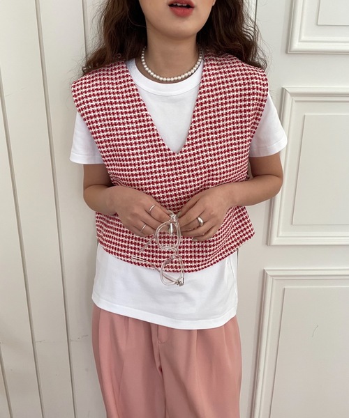 Didot.showroom（ディドット ショールーム）の「ツイードVネックショート丈ベスト（ベスト・レディース・ブラック/ブルー/レッド・FREE）」の7枚目の写真