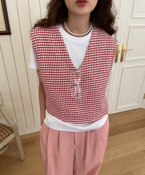 Didot.showroom（ディドット ショールーム）の「ツイードVネックショート丈ベスト（ベスト・レディース・ブラック/ブルー/レッド・FREE）」の9枚目の写真