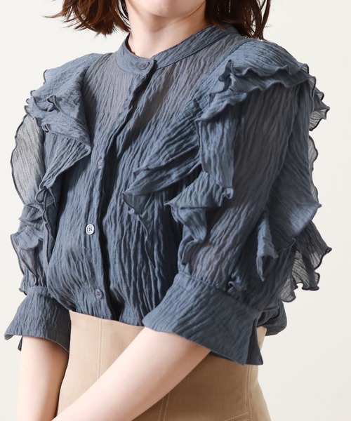 Cheek（チーク）の「楊柳袖フリルブラウス（シャツ/ブラウス・レディース・ネイビー/オフホワイト/サックスブルー・MEDIUM）」の2枚目の写真