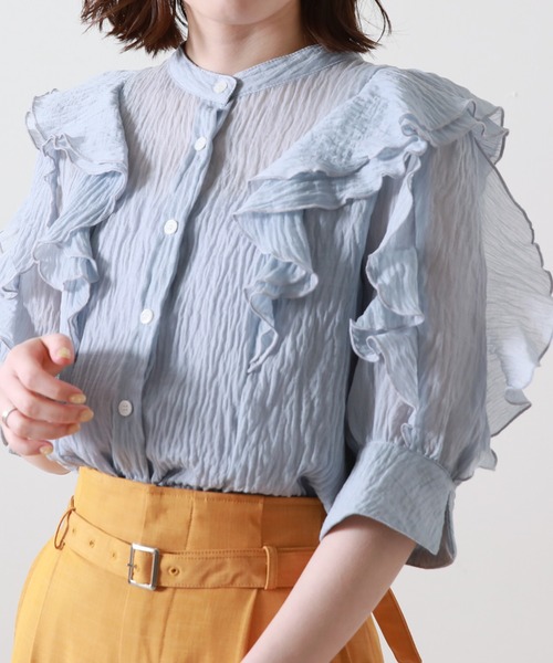 Cheek（チーク）の「楊柳袖フリルブラウス（シャツ/ブラウス・レディース・ネイビー/オフホワイト/サックスブルー・MEDIUM）」の3枚目の写真