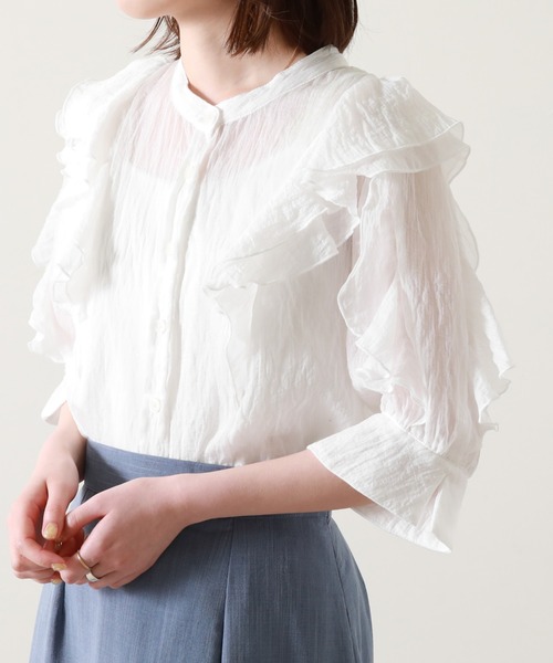 Cheek（チーク）の「楊柳袖フリルブラウス（シャツ/ブラウス・レディース・ネイビー/オフホワイト/サックスブルー・MEDIUM）」の11枚目の写真