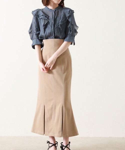 Cheek（チーク）の「楊柳袖フリルブラウス（シャツ/ブラウス・レディース・ネイビー/オフホワイト/サックスブルー・MEDIUM）」の14枚目の写真