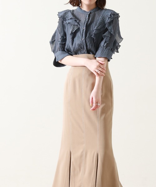 Cheek（チーク）の「楊柳袖フリルブラウス（シャツ/ブラウス・レディース・ネイビー/オフホワイト/サックスブルー・MEDIUM）」の15枚目の写真