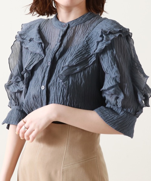 Cheek（チーク）の「楊柳袖フリルブラウス（シャツ/ブラウス・レディース・ネイビー/オフホワイト/サックスブルー・MEDIUM）」の17枚目の写真