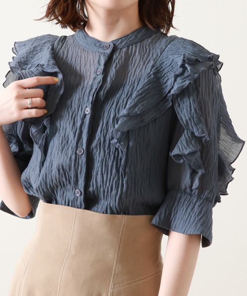 Cheek（チーク）の「楊柳袖フリルブラウス（シャツ/ブラウス・レディース・ネイビー/オフホワイト/サックスブルー・MEDIUM）」の18枚目の写真