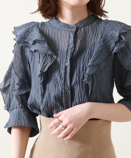 Cheek（チーク）の「楊柳袖フリルブラウス（シャツ/ブラウス・レディース・ネイビー/オフホワイト/サックスブルー・MEDIUM）」の20枚目の写真