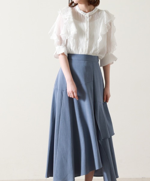 Cheek（チーク）の「楊柳袖フリルブラウス（シャツ/ブラウス・レディース・ネイビー/オフホワイト/サックスブルー・MEDIUM）」の4枚目の写真