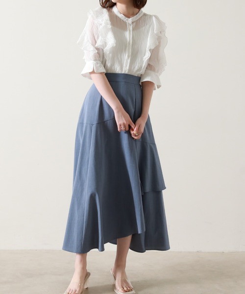 Cheek（チーク）の「楊柳袖フリルブラウス（シャツ/ブラウス・レディース・ネイビー/オフホワイト/サックスブルー・MEDIUM）」の6枚目の写真