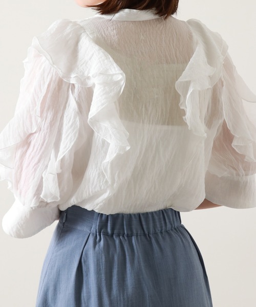 Cheek（チーク）の「楊柳袖フリルブラウス（シャツ/ブラウス・レディース・ネイビー/オフホワイト/サックスブルー・MEDIUM）」の7枚目の写真