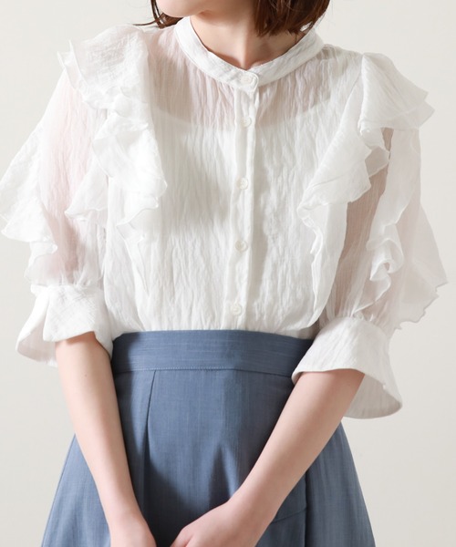 Cheek（チーク）の「楊柳袖フリルブラウス（シャツ/ブラウス・レディース・ネイビー/オフホワイト/サックスブルー・MEDIUM）」の8枚目の写真