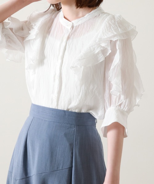 Cheek（チーク）の「楊柳袖フリルブラウス（シャツ/ブラウス・レディース・ネイビー/オフホワイト/サックスブルー・MEDIUM）」の9枚目の写真