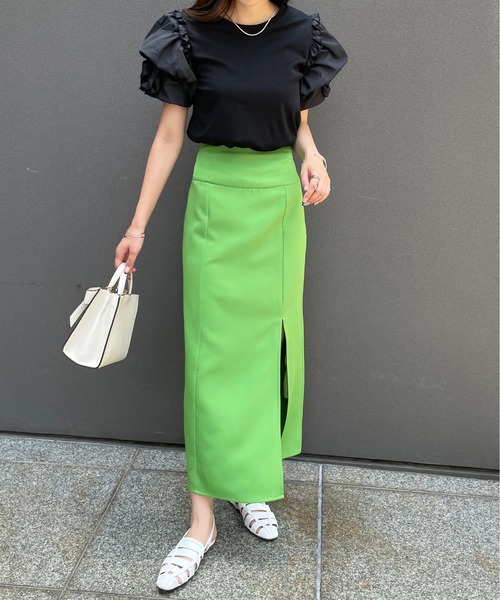 Meli rich(メリーリッチ)の「ジョーゼットフロントスリットナロースカート(スカート・レディース・ブラック/オレンジ/グリーン/アイボリー・MEDIUM)」の22枚目の写真