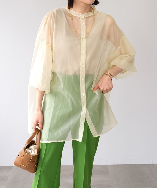 ＡＮＤＪ（アンドジェイ）の「オーガンジーボリューム袖ギャザーブラウス（シャツ/ブラウス・レディース・ブラック/ブラウン/グレー/グリーン/アイボリー・M）」の6枚目の写真